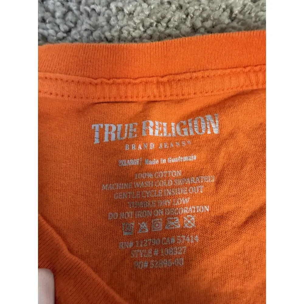 True Religion Shirt Mens 2XL Orange Buddha Guitar Logo Graphic Tagless Cotton